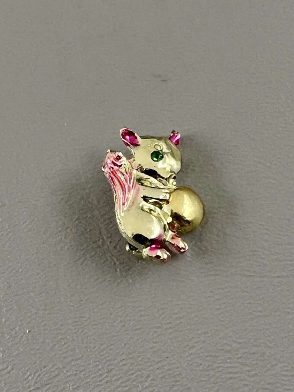 Vintage Squirrel Brooch Pin Gold Tone Pink Enamel Green Rhinestone Eye Figural